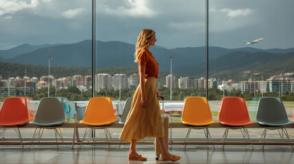 Stylish Woman Walking in Airport Terminal with Mountain View