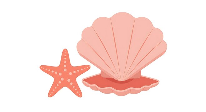 Pink Seashell and Starfish Illustration.