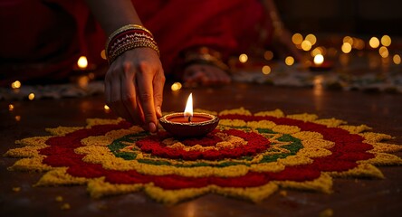 Diwali night ritual, hand lighting clay lamp on floral artwork, Generative AI