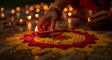 Warm candlelit rangoli with central diya, ceremonial touch, Generative AI