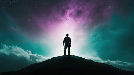 Silhouette person standing on mountain peak with glowing teal and lavender galaxy sky, dreamy atmosphere, inspiring and mysterious mood