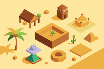 Isometric collection of ancient egyptian buildings and elements including pyramids temples palm trees busts and desert landscape elements on a yellow background