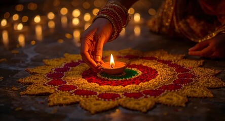 Hand placing diya on floral rangoli, warm bokeh lights, Diwali night, Generative AI