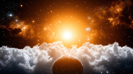 Radiant space fog, glowing stars, bright sun, cosmic clouds, planet, and vibrant nebula create dramatic, awe inspiring celestial scene with high fidelity and vivid colors