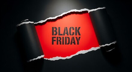 Black Friday Sale Announcement Ripped Paper Effect with Bold Text on Red Background shopping discount