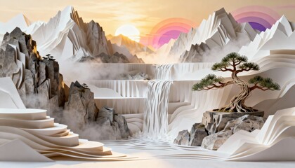 Serene Mountain Oasis: A surreal, artistic depiction of a mountain landscape. Featuring waterfalls, steps, and a vibrant rainbow in the sky. A scene that sparks the imagination.