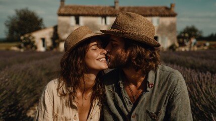 Romantic Couple Kissing in Lavender Field by Rustic Countryside Home