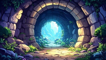 Ancient tunnel leading to vibrant valley