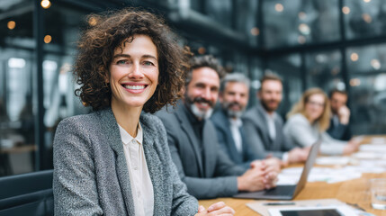 Confident Businesswoman Leading Corporate Team in Modern Office Meeting