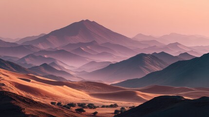 Golden Hour Desert Dunes and Mountain Layers in Vast Landscape