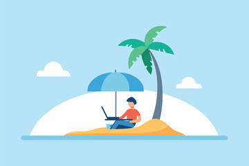 Obraz premium A person working on a laptop under a blue umbrella on a tropical island with a palm tree and clouds in a bright blue sky