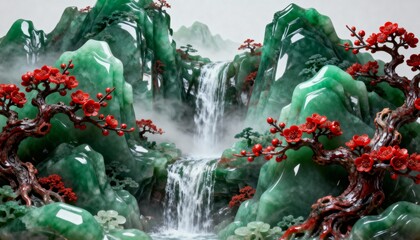 Jade Mountains and Waterfall: A stunning piece of art features a cascading waterfall, verdant mountains, and vibrant red-leafed trees.