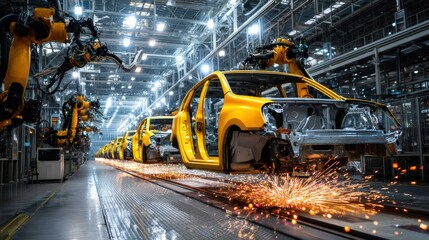 Automated Car Manufacturing Process in Modern Electric Vehicle Factory Line