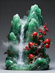 Jade Carving Waterfall with peach tree: A beautiful, elaborate jade carving presents a mountainous landscape with a waterfall and a peach tree, showcasing skillful craftsmanship, rich color.