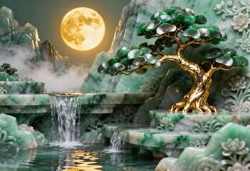 Jade Artistry in the Moonlight: An exquisite jade sculpture showcasing a tranquil landscape with a serene waterfall and a tree under the glow of a full moon.