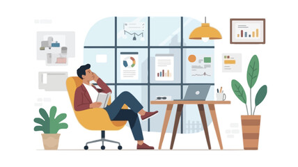 Fototapeta premium Man relaxing in a modern office chair at a desk with a laptop and plants working from home or in a creative workspace