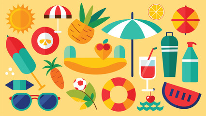 Vibrant collection of summer vacation and beach party icons including umbrellas sunglasses drinks fruit and beach toys on a yellow background