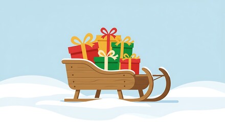 Wooden Sleigh Full of Christmas Presents on Snowy Landscape.