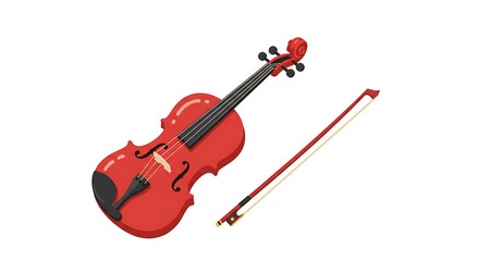 A bright red violin and bow on a white background.