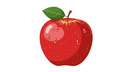 A single red apple with a green leaf and water droplets.