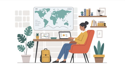 Young woman working on a laptop at a desk with a world map on the wall plants and shelves in a bright modern home office setting