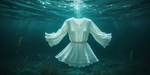 Submerged Elegance: A White Dress Mysteriously Suspended Underwater, Captivating Aquatic Scene