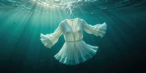 Submerged Elegance: A White Dress Mysteriously Suspended Underwater, Bathed in Sunbeams