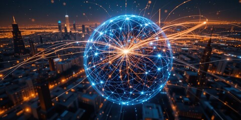 Global Network Connectivity: A Futuristic Cityscape Illuminated by Digital Interconnections