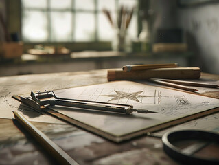 Nautical chart with drawing tools evokes vintage exploration and craftsmanship aesthetic