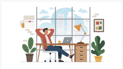 A relaxed man sits at his desk in a modern office with plants and a large window overlooking a cityscape