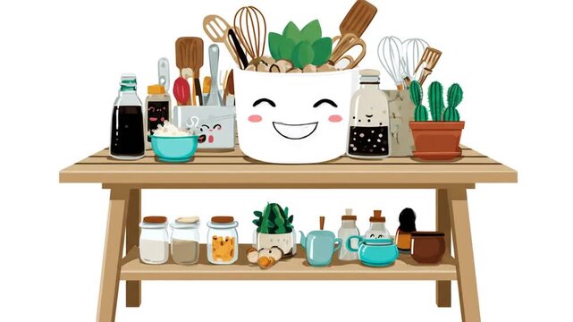 Animated kitchen utensils and food items displayed on wooden table