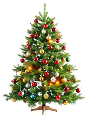 Illuminated Christmas Tree with Colorful Ornaments and Lights decorated baubles isolated on a transparent background