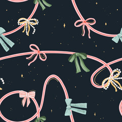 Colorful ribbons and bows create a whimsical holiday pattern against a starry night background