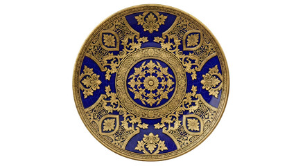 Obraz premium Luxurious charger plate in cobalt blue and gilded gold, featuring an elaborate central medallion and classic scrollwork pattern