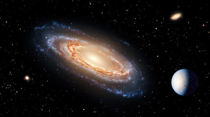 Spiral galaxy glowing in deep space with swirling arms, bright core, distant stars, and nearby planet, evoking sense of cosmic wonder and mystery