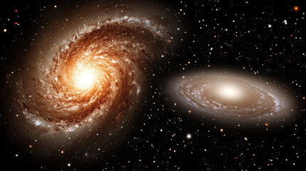 Spiral galaxy with glowing arms and bright core, surrounded by stars, cosmic dust, and another elliptical galaxy, creating sense of cosmic wonder and vastness