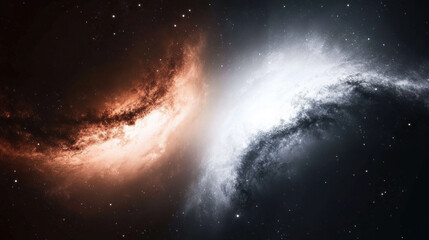 Spiral galaxy arms in motion, forming dramatic fractal symmetry with contrasting red and blue colors, cosmic dust, and glowing stars in deep space