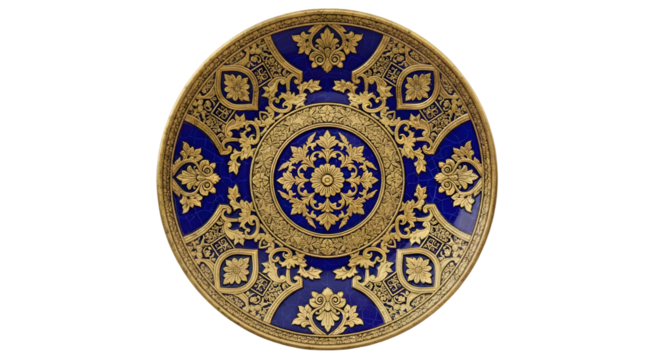 Luxurious charger plate in cobalt blue and gilded gold, featuring an elaborate central medallion and classic scrollwork pattern