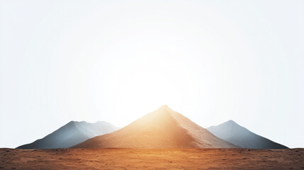 Mountain ridge at dawn with warm color shift, sunlight glowing behind peaks, serene landscape, high fidelity, tranquil mood, clear sky, earthy tones