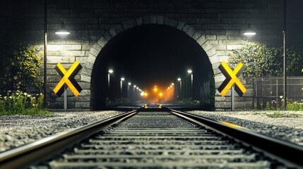 Railroad crossing night scene with warm lighting, stone tunnel, glowing streetlights, and yellow warning signs, creating moody and atmospheric environment