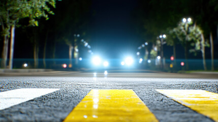 Blurred night street with glowing headlights, yellow pedestrian crossing lines, and warm lighting creates dramatic, urban atmosphere with sense of anticipation and caution