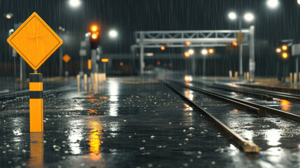 Railroad crossing night rain wet reflective illuminated warning sign urban empty transportation moody safety signal track infrastructure outdoors city evening caution metal street weather solitude