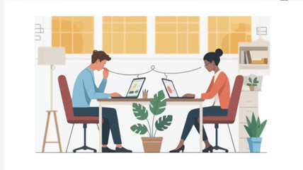 Fototapeta premium Two diverse professionals working on laptops at a shared desk in a modern office with plants and natural light