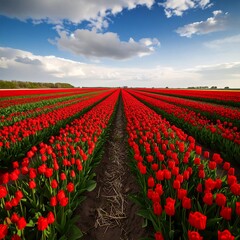 Red tulip field stretching to horizon under a partly cloudy sky