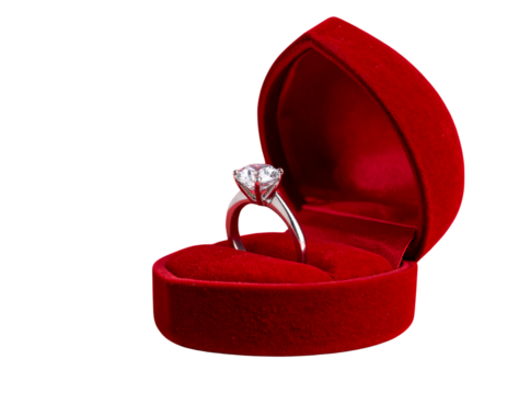 Angled Side View of Diamond Ring in Red Velvet Box, Emphasizing Ring Details, isolated on transparent background.
