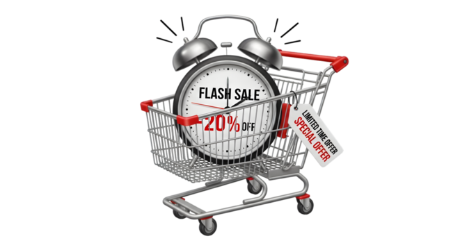 Shopping cart with alarm clock showing flash sale and 20% off for a limited time special offer representing promotional sales event on transparent background