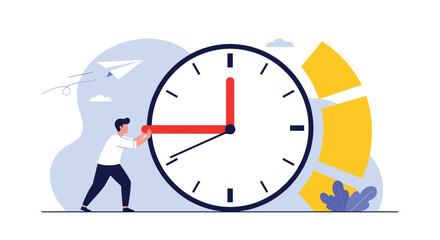 A person pushing the hour hand on a large clock.