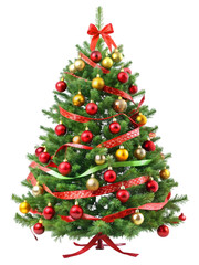 Decorated Christmas Tree with Red and Gold Ornaments and Ribbon festive holiday isolated on a transparent background