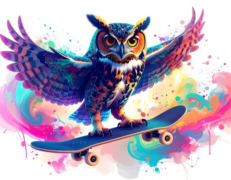 Colorful owl on a skateboard