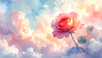 Soft pink rose blooming above pastel clouds at sunrise, dreamy light and gentle atmosphere evoking wonder and serenity